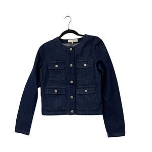 Zara Womens Denim Jean Jacket Small Blue Button Front Collarless 6929/073 NWT